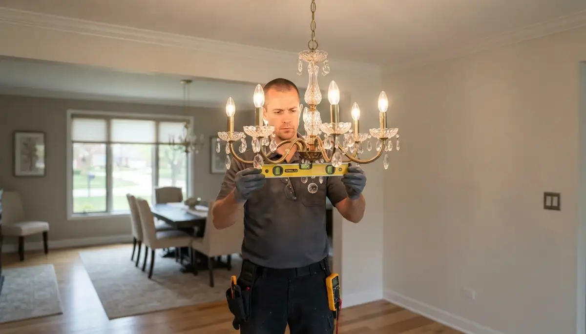 Electrician uses a spirit level while testing a chandelier dimmer during installation in Naperville, IL
