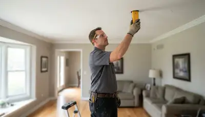 Naperville, IL electrician uses a stud finder to mark ceiling locations for light fixture installation