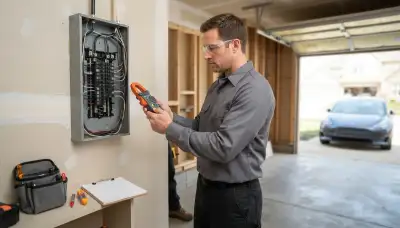 Naperville, IL electrician performs EV charger load calculation with a clamp meter at a home electrical panel