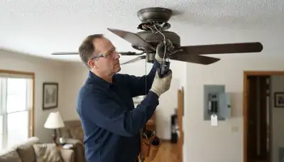 Electrician replacing a ceiling fan capacitor and wiring in a Naperville, IL home