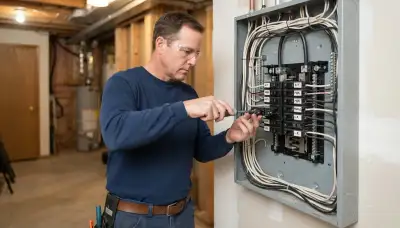 Licensed electrician installing a circuit breaker in a de-energized electrical panel in Naperville, IL
