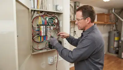 Technician wiring a fire alarm control panel with labeled zones in a Naperville, IL home