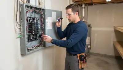 Electrician inspects Naperville, IL home electrical panel for whole-home surge protection installation