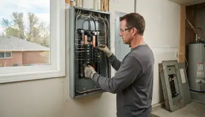 Electrician upgrading an older home's electrical panel in Naperville, IL