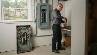 Electrician upgrading an electrical panel in an older Naperville, IL home