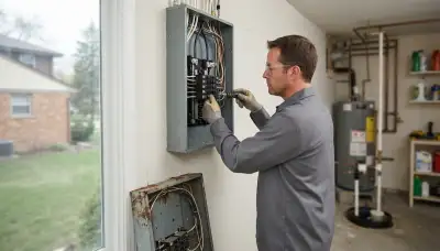 Electrician upgrading an older home’s electrical panel in Naperville, IL.
