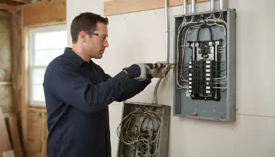 Electrician upgrading an electrical panel in an older Naperville, IL home.