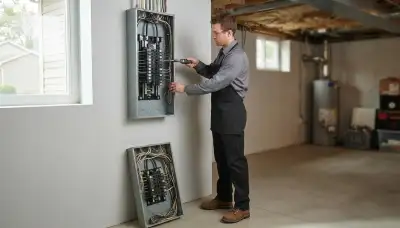 Electrician upgrading an electrical panel in an older Naperville, IL home
