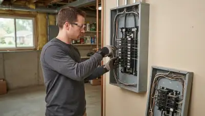 Electrician performing a 200-amp electrical panel upgrade in an older Oakbrook Terrace, IL home
