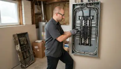 Electrician upgrading an older home's electrical panel in Naperville, IL