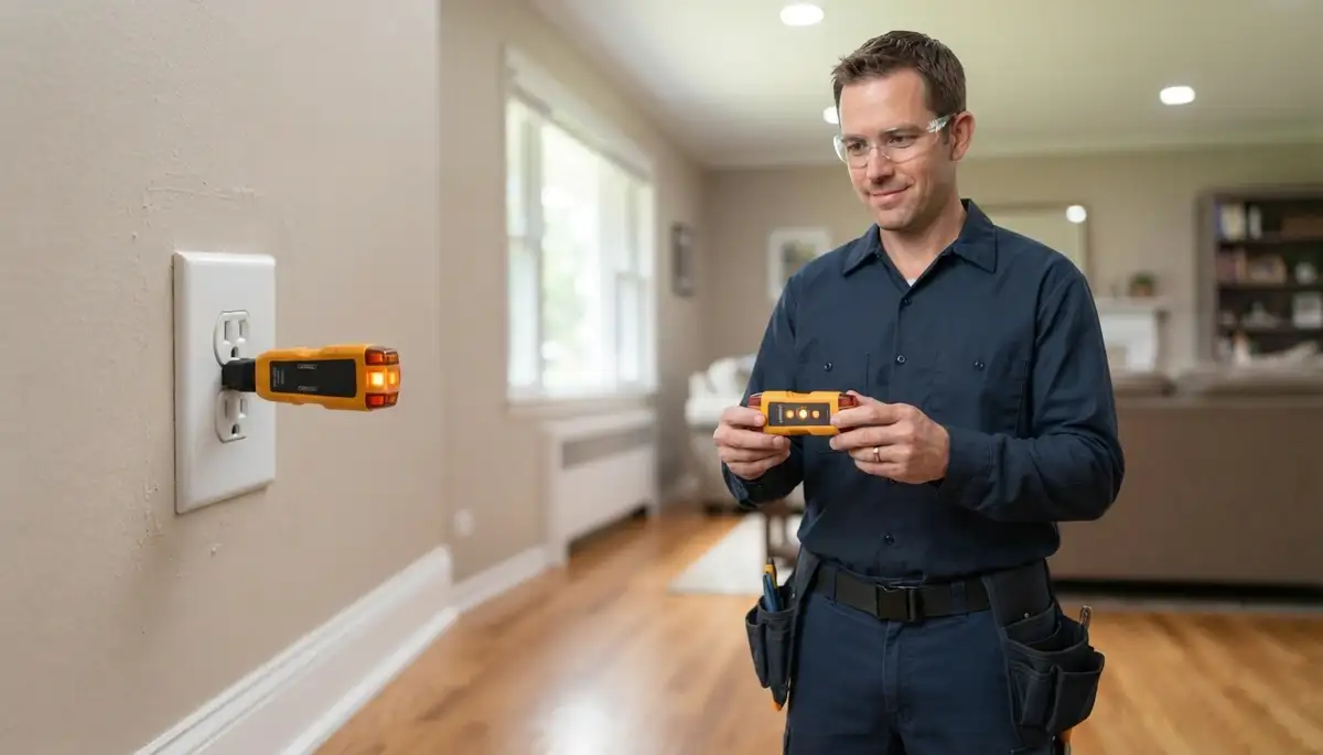Electrician tests polarity and grounding at a repaired outlet in a Naperville, IL home