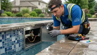 Electrician inspects pool light bonding with a flashlight at a Naperville, IL home