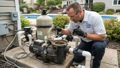 Electrician inspecting a pool pump strainer basket and shaft seal at a Naperville, IL equipment pad