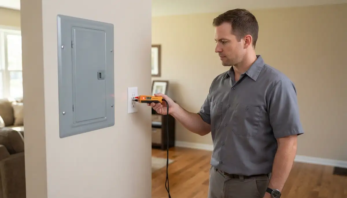 Electrician tests a restored receptacle after electrical repair in Naperville, IL