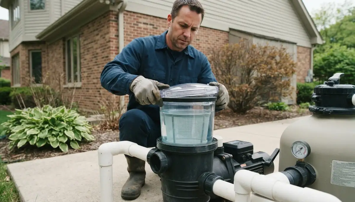 Naperville, IL electrician verifies pool pump flow by securing the primed strainer lid
