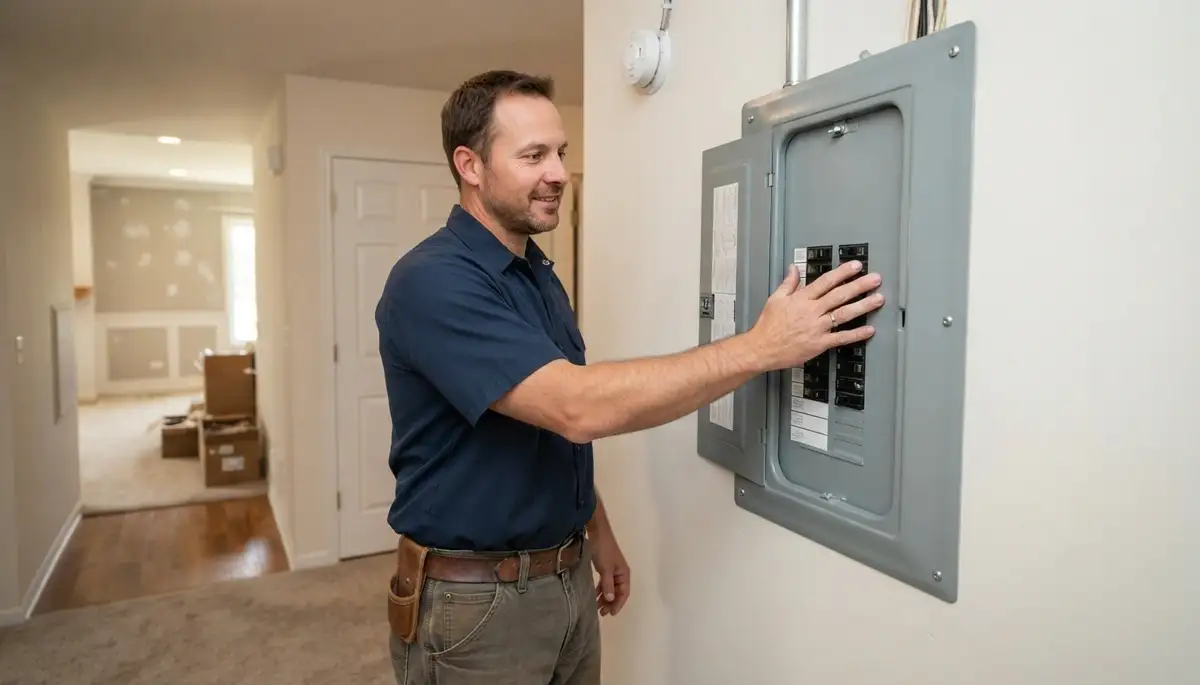 Electrician inspecting completed electrical panel during final walkthrough in Naperville, IL