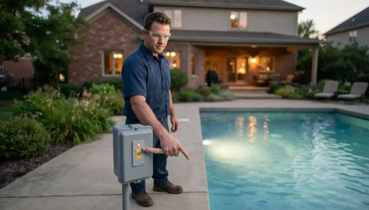 Electrician tests pool light ground-fault protection at a Naperville, IL deck panel as pool water glows evenly