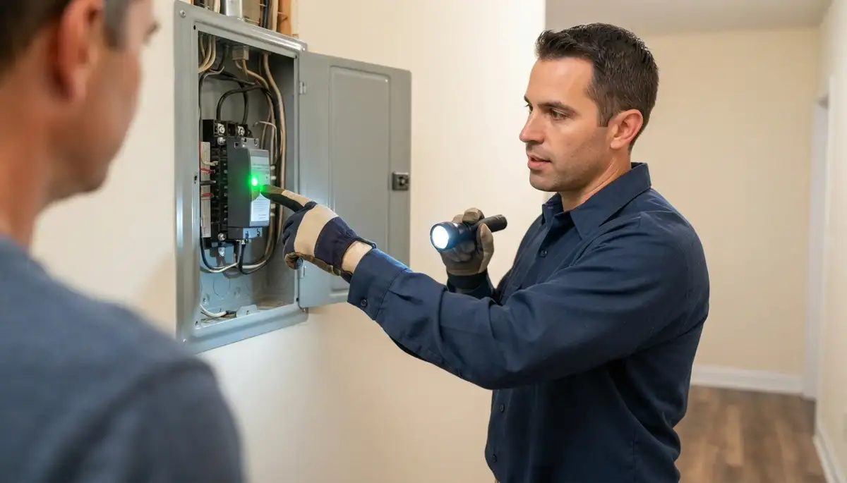 Naperville, IL electrician verifies active whole-home surge protector status with electrical panel closed