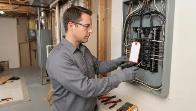Naperville, IL electrician using a lockout tag on a de-energized circuit during repair