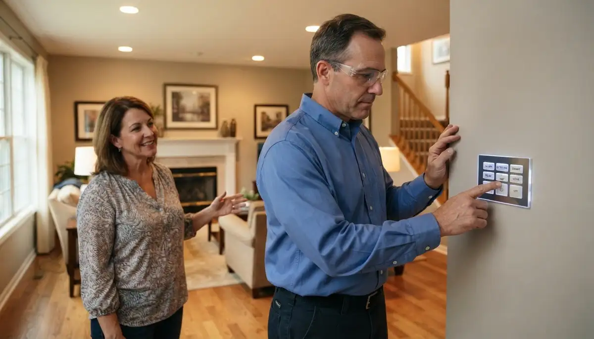 Electrician verifies programmable lighting scenes with a homeowner in Naperville, IL