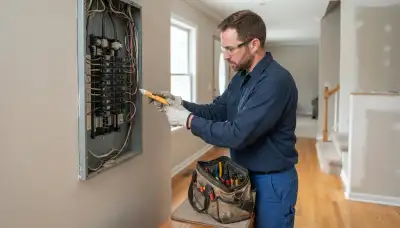 Electrician tests a home's load center with a voltage tester in Naperville, IL
