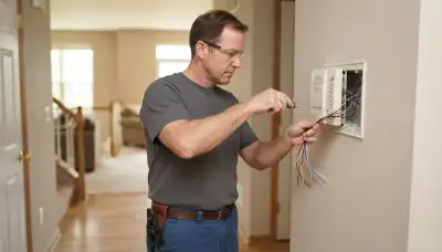 Electrician wiring intercom station terminals in a Naperville, IL home