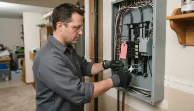 Electrician installs a whole-home surge protector at an electrical panel in Naperville, IL