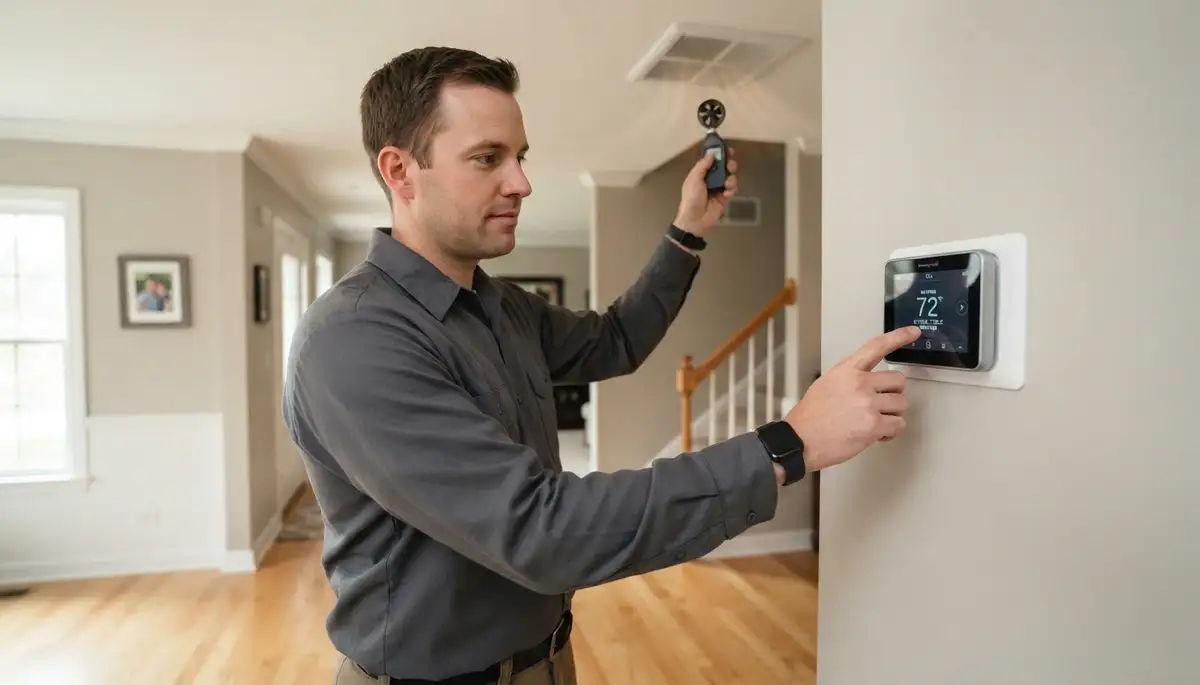 Electrician tests newly installed thermostat heating, cooling, and airflow in a Naperville, IL home