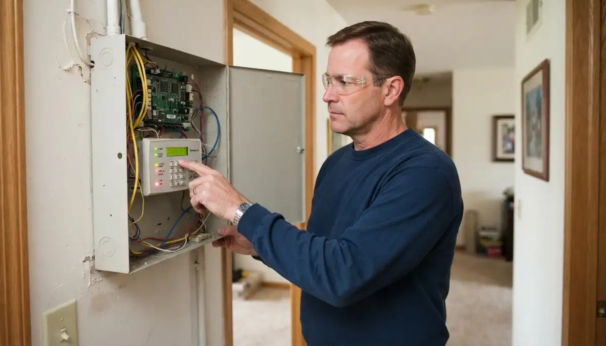 Electrician tests fire alarm control panel zones in a Naperville, IL home