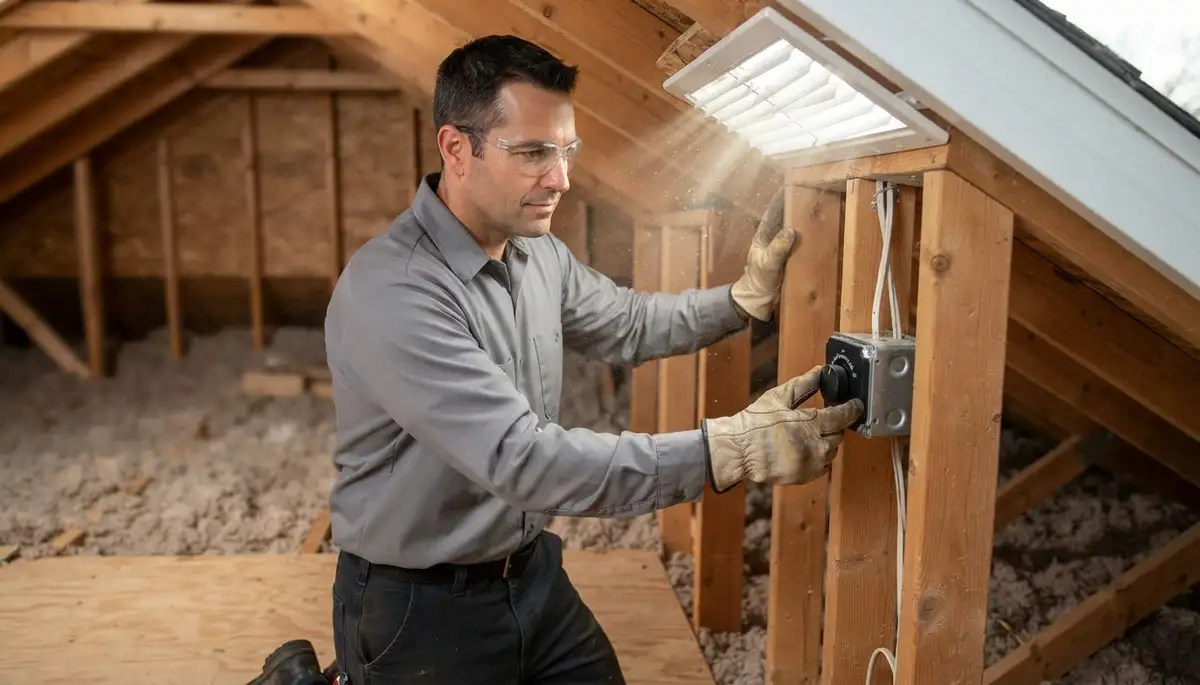 Technician adjusts attic fan thermostat to verify airflow through soffit vents in Naperville, IL