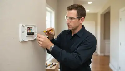 Electrician levels thermostat base and wires control terminals during installation in Naperville, IL