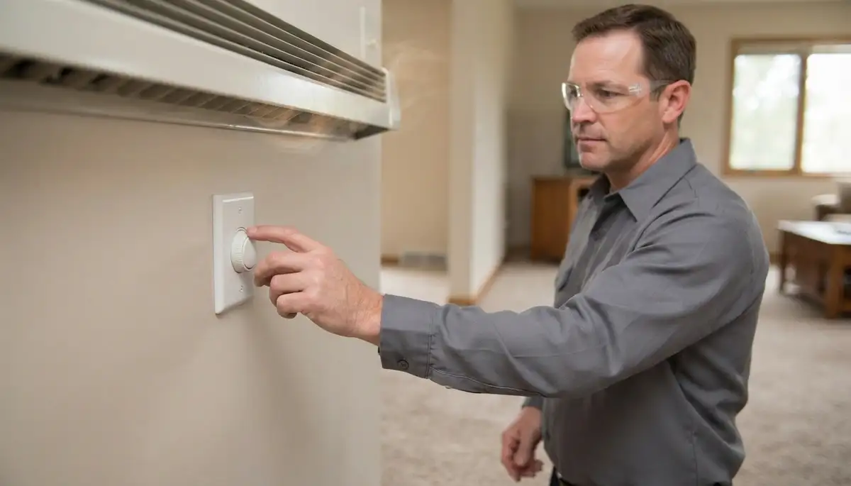 Electrician adjusts electric heater thermostat to verify heat output in Naperville, IL