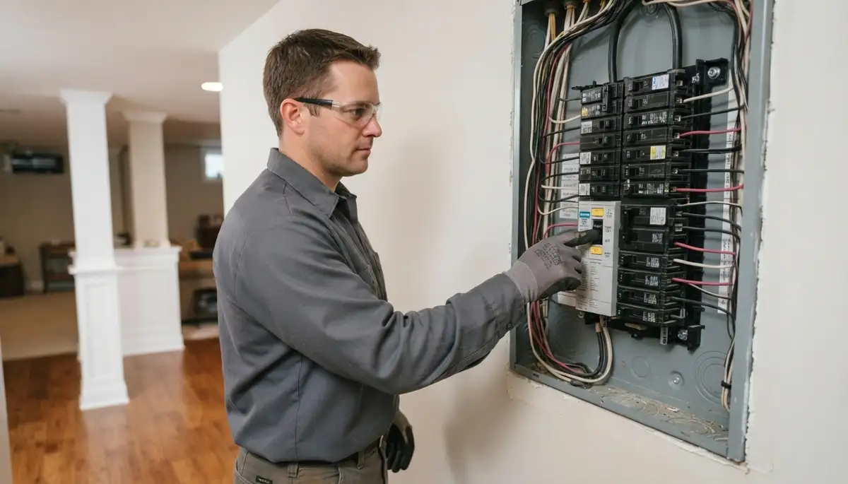 Electrician presses test button on newly installed GFCI breaker in Naperville, IL
