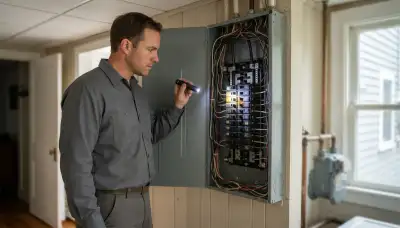 Electrician inspecting a breaker panel during a whole-home electrical inspection in Darien, IL