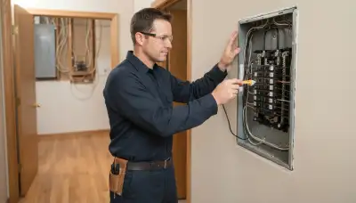 Licensed electrician tests an open electrical panel during a whole-home assessment in Naperville, IL