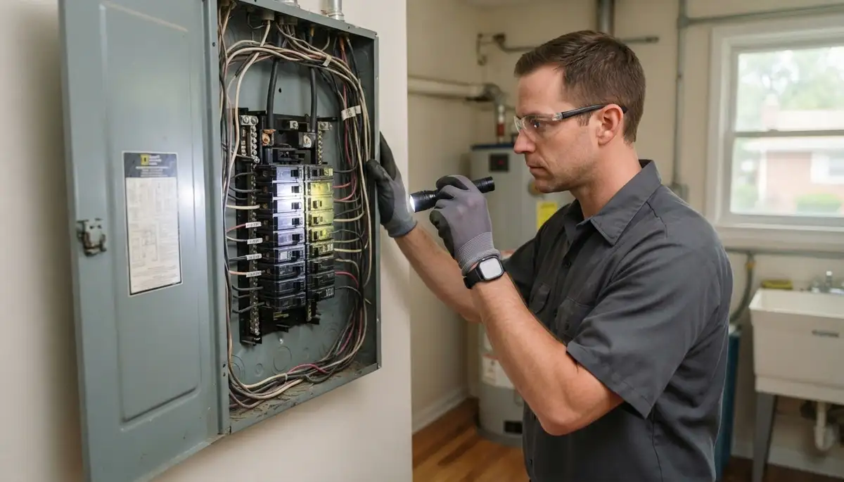 Electrician performing a whole-home electrical inspection with a voltage tester in Westmont, IL