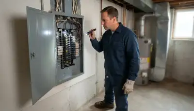Electrician performing a whole-home electrical inspection in Wheaton, IL, checking wiring and breaker panels