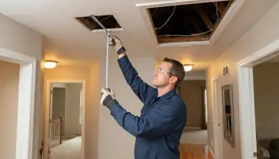 Electrician assessing hallway ceiling for whole-house fan installation in Naperville, IL