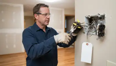 Electrician replacing scorched wiring and a failed device in a locked-off junction box, Naperville, IL