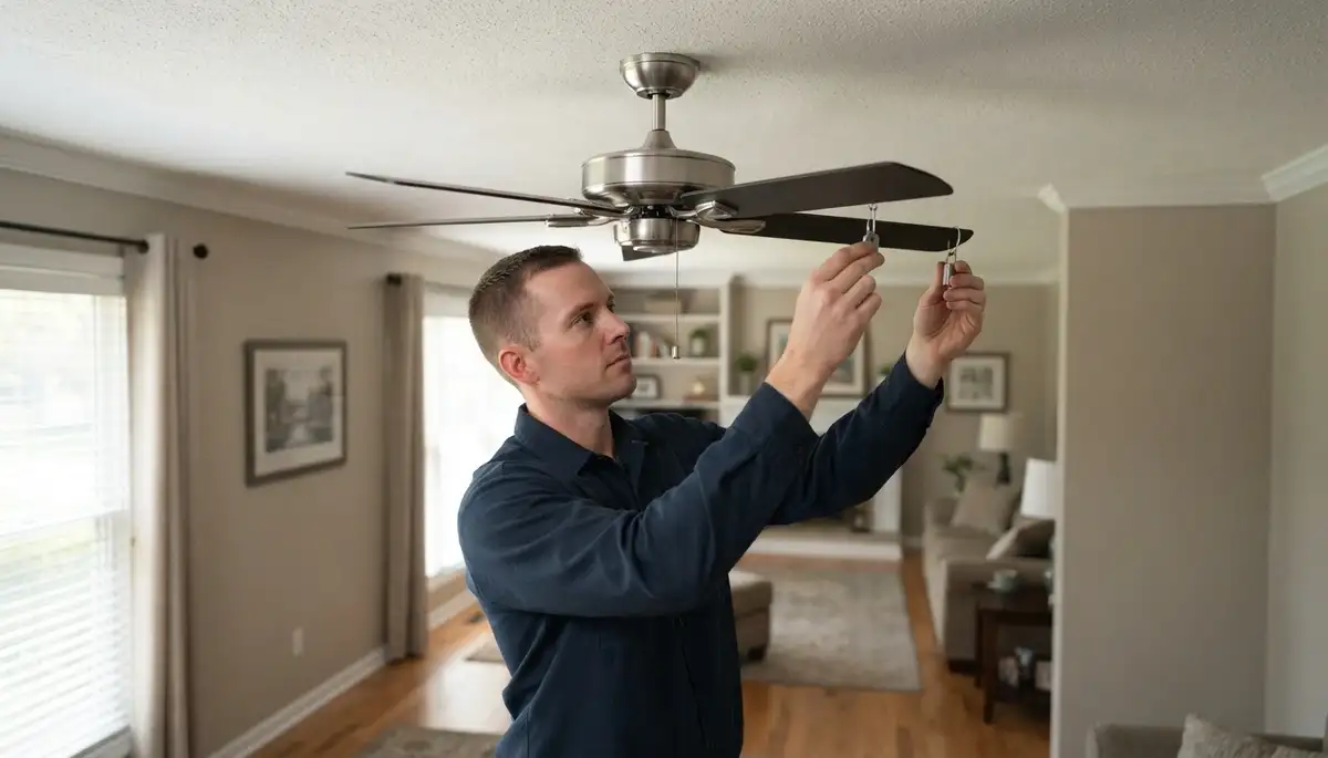 Naperville, IL electrician clips a balancing weight onto a repaired ceiling fan blade.